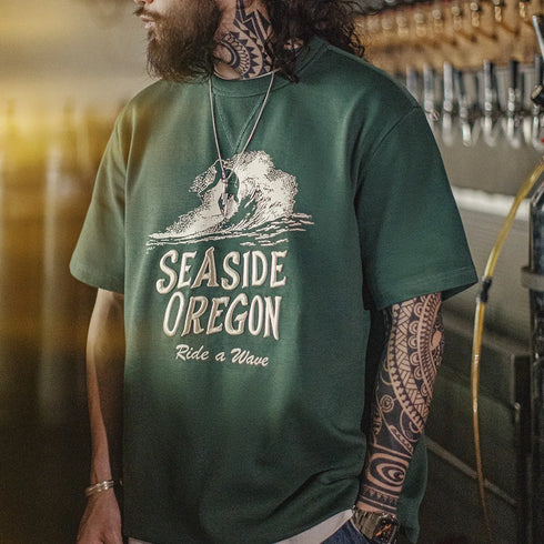Men's Vintage Green Embroidered Letter T-Shirt – Summer Loose Fit Digital Print Tee